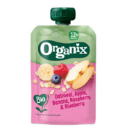 ORGANIX EKO RTE avižų košė su obuoliais, bananais, avietėmis ir mėlynėmis, 12 mėn., 100 g., 119614