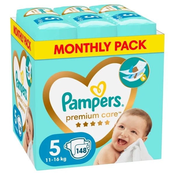 PAMPERS sauskelnės Premium Care, 5 dydis 11-16kg, 148 vnt