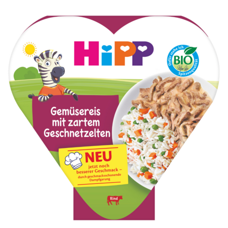 HiPP ekologiška tyrelė „Ryžiai su daržovėmis ir smulkinta jautiena“, 12 mėn.+, 250 g., 8657 