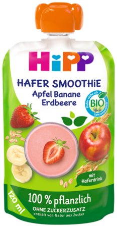 HiPP ekologiškas obuolių, bananų, braškių glotnutis su avižų gėrimu ir visadaliais grūdais, nuo 1 m., 120 ml., 84006 