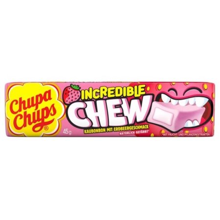 CHUPA CHUPS kramtomieji saldainiai INCREDIBLE CHEW, braškių skonio, 45 g., CHUP1932 