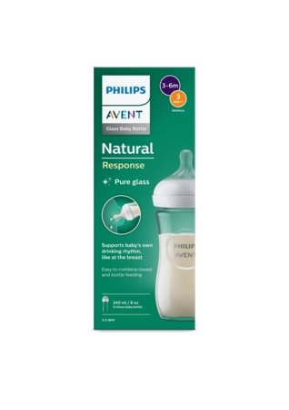 PHILIPS AVENT stiklo buteliukas kūdikiams 240 ml su lėto pratekėjmo žinduku, 3-6mėn+, Natural Response, SCY933/01 SCY933/01