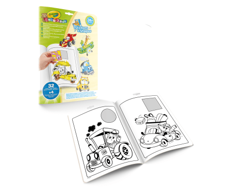 CRAYOLA MINIKIDS spalvinimo knygelė Whimsical Wheels - Sticker & Shape Coloring Book, 25-6938G 