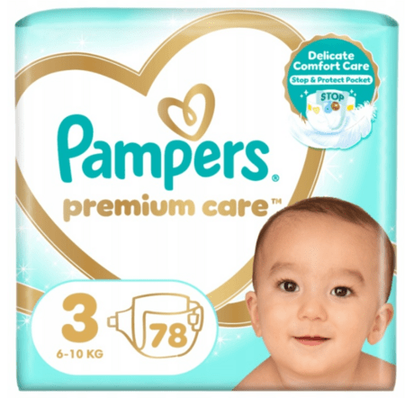 PAMPERS sauskelnės Premium Care, 3 dydis 6-10kg, 78 vnt., 80887352 