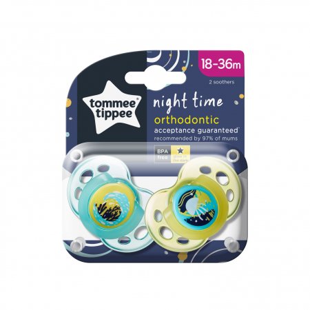 TOMMEE TIPPEE silikoniniai ortodontiniai čiulptukai NIGHT TIME, 18-36 m., 2 vnt., 43340099 43340094