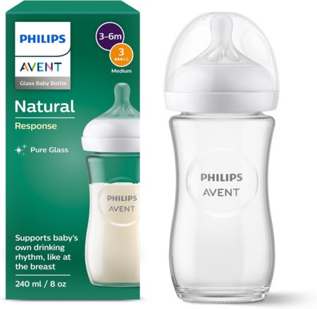 PHILIPS AVENT stiklo buteliukas kūdikiams 240 ml su lėto pratekėjmo žinduku, 3-6mėn+, Natural Response, SCY933/01 SCY933/01