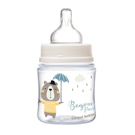 CANPOL BABIES plataus kaklelio buteliukas EASYSTART BONJOUR PARIS, 120 ml, 35/231_blu 35/231_blu