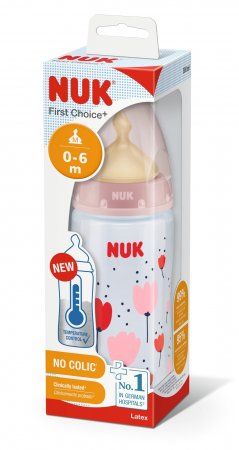 NUK temperatūros kontrolės polipropileno buteliukas su lateksiniu žinduku FIRST CHOICE+, 300ml, M, SK55 SK55