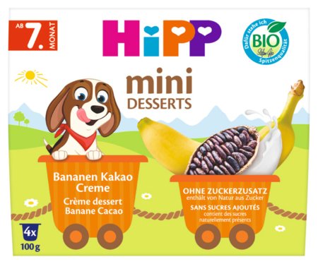 HiPP ekologiškas kreminis desertas su bananais ir kakava, nuo 7 mėn., 4x100 g., 5132 