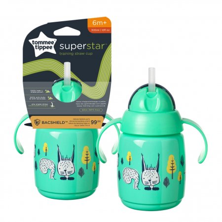 TOMMEE TIPPEE mokomasis puodelis su šiaudeliu, 6m+, 300ml, green, 448003 447830