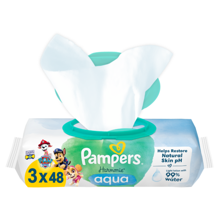 PAMPERS drėgnos servetėlės kūdikiams HARMONIE AQUA PAW PATROL, 3x48 vnt. 