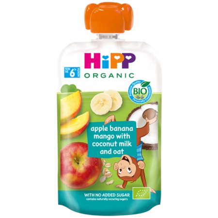 HiPP ekologiška obuolių, bananų, mango tyrelė su kokosų kremu bei avižomis, nuo 6 mėn., 100 g., 47011 