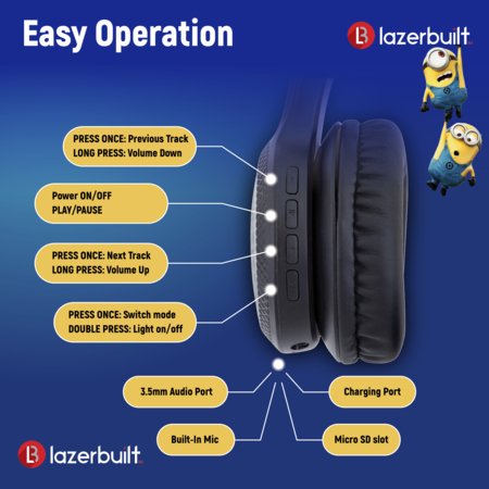 MINIONS šviečiančios Bluetooth ausinės, HMMN-BTLI-MINIONS 