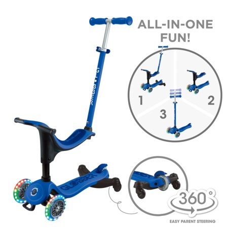 GLOBBER paspirtukas Go Up Sporty Lights 360°,  tamsiai mėlynas, 456-600 S 