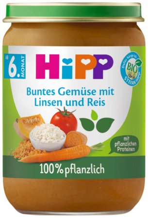 HiPP ekologiška tyrelė „Daržovės su lęšiais ir ryžiais“, nuo 6 mėn., 190 g., 60501 