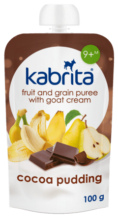 KABRITA® vaisinė tyrelė su grūdais ir ožkų pieno grietinėle KAKAVINIS PUDINGAS, 9 mėn.+, 100 g., 193 