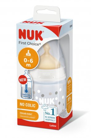 NUK temperatūros kontrolės polipropileno buteliukas su lateksiniu žinduku FIRST CHOICE+, 150ml, M, SK52 SK52