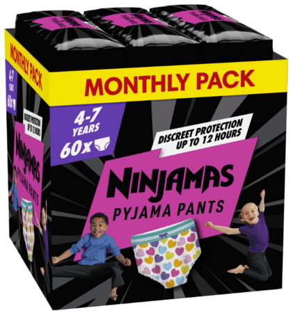 PAMPERS pižaminės kelnaitės NINJAMAS Hearts, 7 dydis, 17-30kg, 60 vnt., 80756321 
