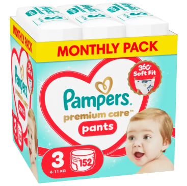 PAMPERS sauskelnės-kelnaitės Premium Pants Monthly, 3 dydis, 6-11kg, 152 vnt., 80894764 