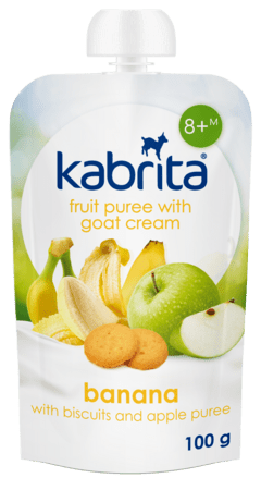 KABRITA® obuolių ir bananų tyrelė su sausainiais ir ožkos pieno grietinėle, 8 mėn.+, 100 g., 058 