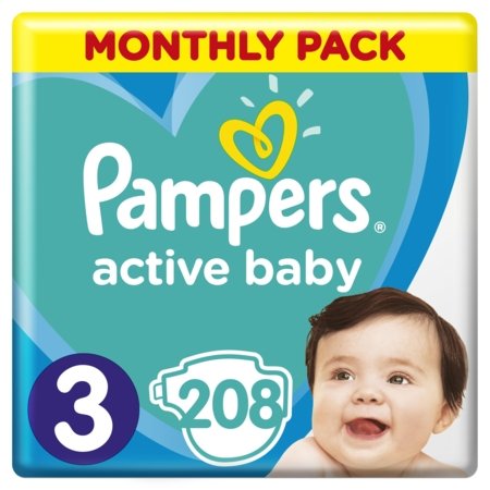 PAMPERS sauskelnės ACTIVE BABY, 3 dydis, 208 vnt,, 6-10 kg. 