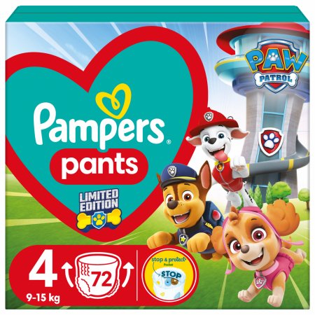 PAMPERS sauskelnės-kelnaitės, PAW PATROL, 4 dydis, 9-15kg, 72 vnt., 81784212 81784212