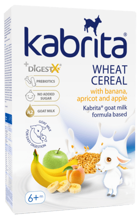 KABRITA® kvietinė košė ožkos pieno pagrindu su bananu, abrikosu ir obuoliu, 6 mėn.+, 180 g., 209