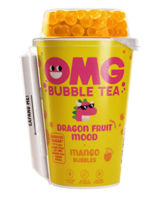 OMG BUBBLE TEA Drakono vaisiaus skonio gaivusis gėrimas su arbatos ekstraktu ir mangų skonio burbuliukais, 265 ml 