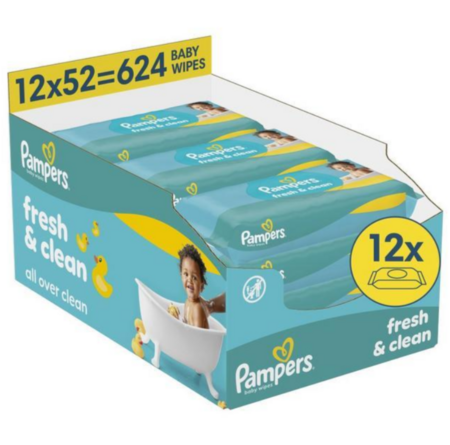 PAMPERS drėgnos servetėlės kūdikiams Wipes Fresh Clean Plastic Free, 12x52 vnt., 80889012 