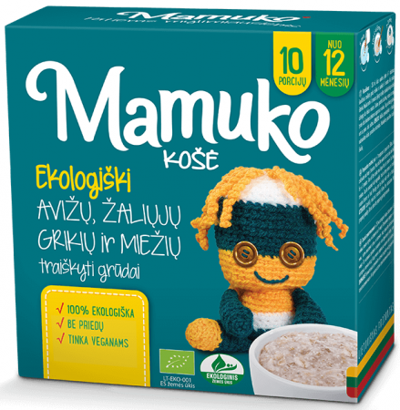 MAMUKO ekologiški avižų, žaliųjų grikių ir miežių traiškyti grūdai 12m+ 240g 4779032700450