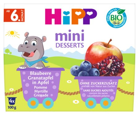 HiPP ekologiška obuolių, mėlynių ir granatų tyrelė, nuo 6 mėn., 4x100 g., 5812 
