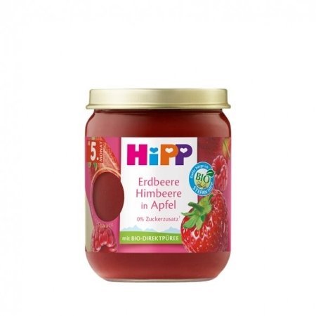 HiPP ekologiška tyrelė su braškėmis, avietėmis ir obuoliais, 5 mėn.+, 160 gr, 41008 