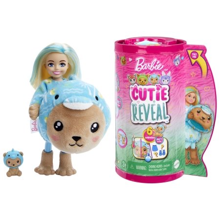 BARBIE Čelsės Cutie Reveal rinkinys, minkštutėlių kostiumų serija - meškutis ir delfinas, HRK30 