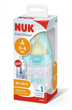 NUK temperatūros kontrolės polipropileno buteliukas su lateksiniu žinduku FIRST CHOICE+, 150ml, M, SK52 SK52