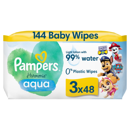 PAMPERS drėgnos servetėlės kūdikiams HARMONIE AQUA PAW PATROL, 3x48 vnt. 
