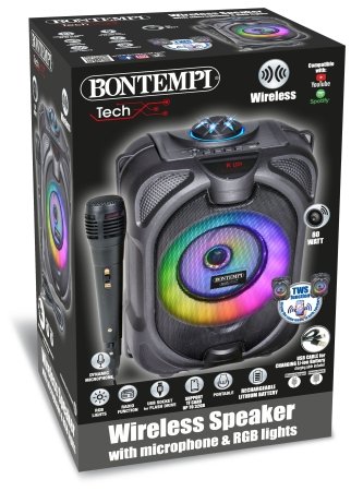 BONTEMPI TECH belaidis garsiakalbis su mikrofonu ir RGB šviesomis, 491020 