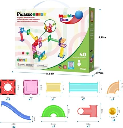 PICASSO TILES Magnetinis konstruktorius Marble Run 40 det., PTG40 
